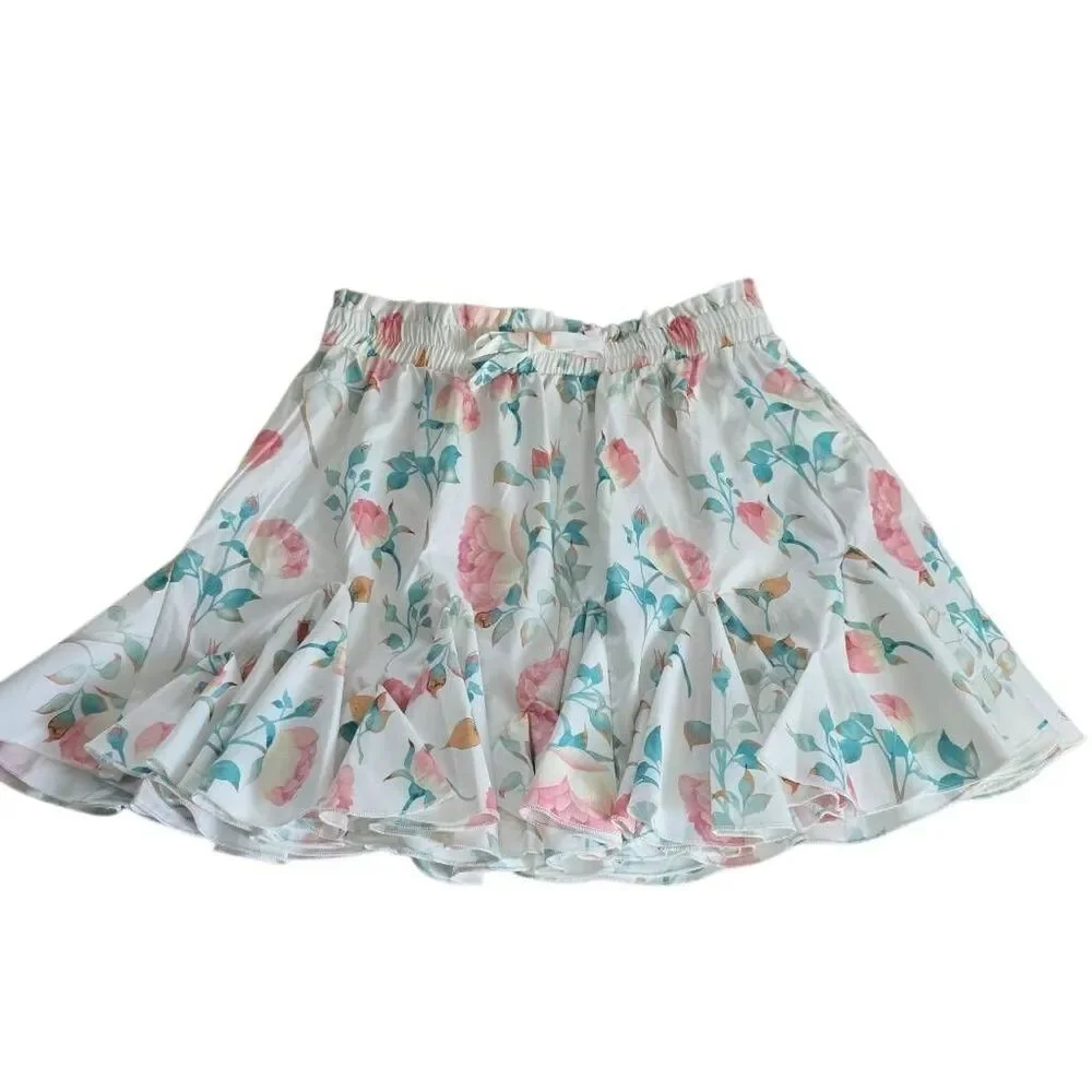 Shein Girl's Size 10 White Pink Green Rose Print Ruffle Skirt